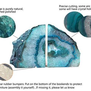 AMOYSTONE 1Pair Teal Agate Bookends Crystal Geode Book Ends 2-3 LBS with Anti-Slip Rubber Bumpers, Holder Small Books