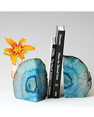 AMOYSTONE 1Pair Teal Agate Bookends Crystal Geode Book Ends 2-3 LBS with Anti-Slip Rubber Bumpers, Holder Small Books