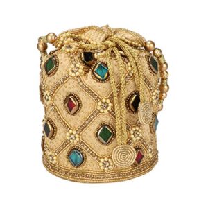 Indian Ethnic Clutch Silk Potli Batwa Pouch Bag with Beadwork Gift For Women (Golden)