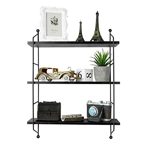 BATHWA 3 Tier Floating Shelves Metal Brackets Wall Mounted Shelves for Living Room Bedroom Office Kitchen Decor Hanging Shelf, Black