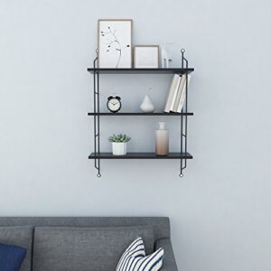 BATHWA 3 Tier Floating Shelves Metal Brackets Wall Mounted Shelves for Living Room Bedroom Office Kitchen Decor Hanging Shelf, Black