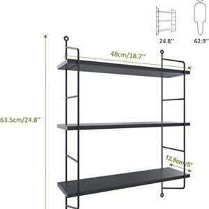 BATHWA 3 Tier Floating Shelves Metal Brackets Wall Mounted Shelves for Living Room Bedroom Office Kitchen Decor Hanging Shelf, Black