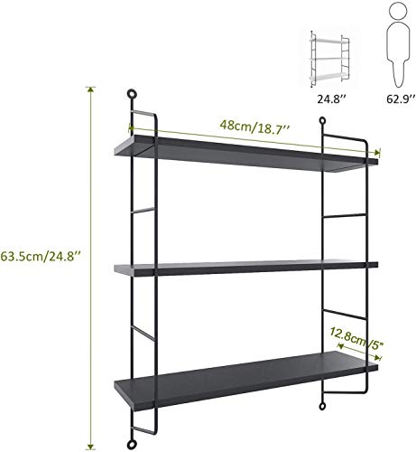 BATHWA 3 Tier Floating Shelves Metal Brackets Wall Mounted Shelves for Living Room Bedroom Office Kitchen Decor Hanging Shelf, Black