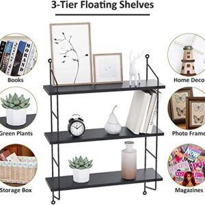 BATHWA 3 Tier Floating Shelves Metal Brackets Wall Mounted Shelves for Living Room Bedroom Office Kitchen Decor Hanging Shelf, Black