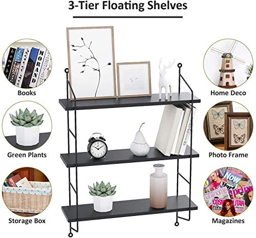 BATHWA 3 Tier Floating Shelves Metal Brackets Wall Mounted Shelves for Living Room Bedroom Office Kitchen Decor Hanging Shelf, Black