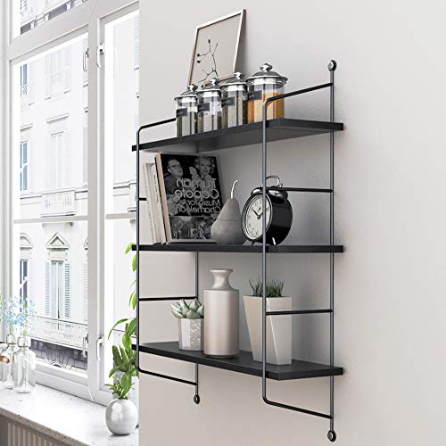 BATHWA 3 Tier Floating Shelves Metal Brackets Wall Mounted Shelves for Living Room Bedroom Office Kitchen Decor Hanging Shelf, Black