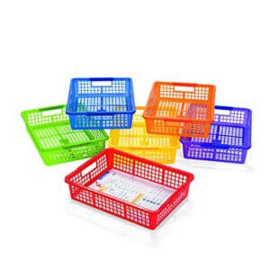 plastic organization storage baskets for kids – set of 6 bins with handles – classroom teacher and supplies – basket size – 13″ x 9 3/4″ x 3″