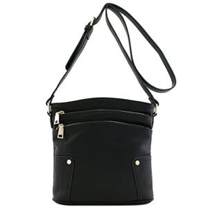 FashionPuzzle Triple Zip Pocket Medium Crossbody Bag (Black)