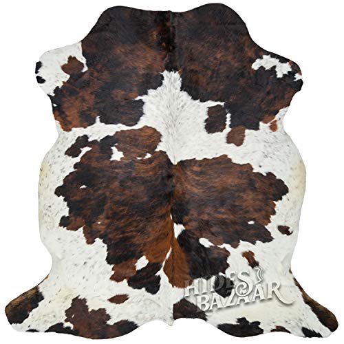 Tricolor Cowhide Rug Classic Brown, Black and White Color Mix, Natural Leather Hide, Area Rug (6x7ft)