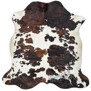 Tricolor Cowhide Rug Classic Brown, Black and White Color Mix, Natural Leather Hide, Area Rug (6x7ft)