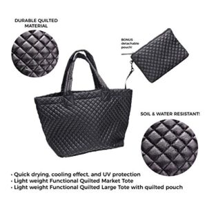 CLARANY Comfortable Lightweight Large Quilted Zipper Tote with Pouch water repellent Black