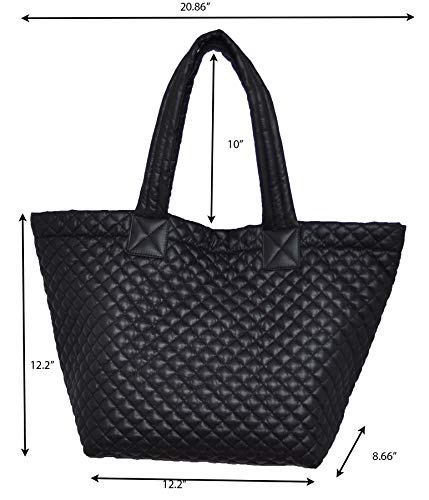 CLARANY Comfortable Lightweight Large Quilted Zipper Tote with Pouch water repellent Black