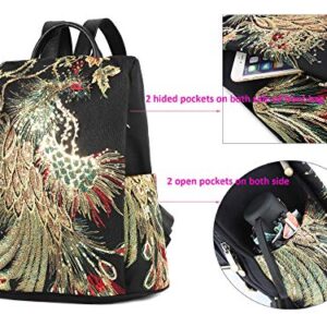 Glitter Embroidery Women Backpack Purse, Fashion Canvas Travel Anti-theft Rucksack School Shoulder Bag (Black) One_Size