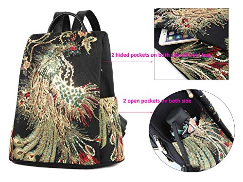 Glitter Embroidery Women Backpack Purse, Fashion Canvas Travel Anti-theft Rucksack School Shoulder Bag (Black) One_Size