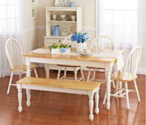 white dining room set with bench. this country style dining table and chairs set for 6 is solid oak wood quality construction. a traditional dining table set inspired by the farmhouse antique furniture look.