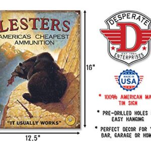 Desperate Enterprises Lesters Ammo Tin Sign - Nostalgic Vintage Metal Wall Decor - Made in USA - 12.5" W x 16" H