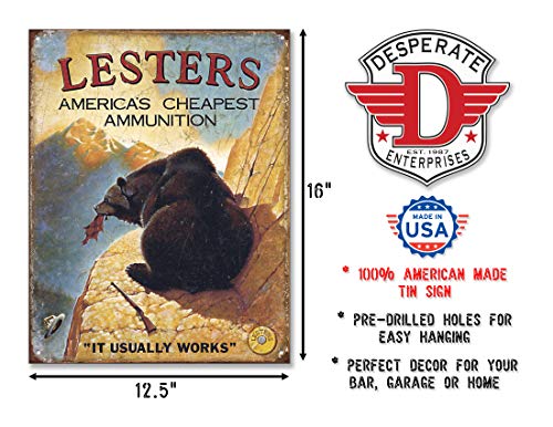 Desperate Enterprises Lesters Ammo Tin Sign - Nostalgic Vintage Metal Wall Decor - Made in USA - 12.5" W x 16" H