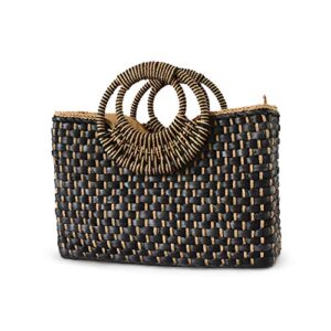qtkj women summer retro straw bag with zip hand-woven beach handbag top round handle boho tote bag shopping and travel large bag (black)