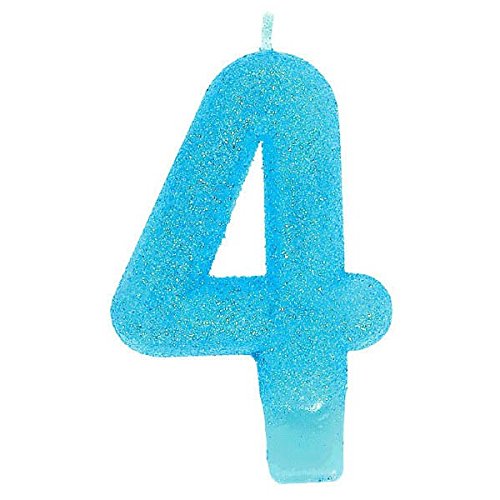 Amscan Glamorous Glitter Number 4 Birthday Candle, Cyan Blue, 3"