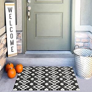 uphome indoor outdoor doormat 2’x3’ boho cotton area rug hand woven moroccan geometric throw rugs machine washable farmhouse rug carpet for entryway porch living room laundry kitchen,black and cream
