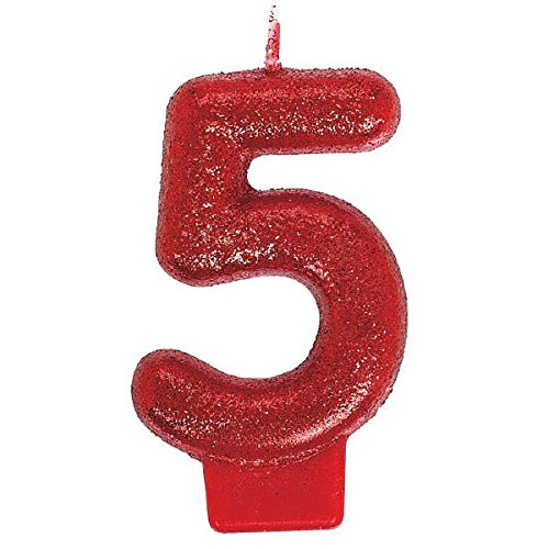 Amscan Glamorous Glitter Number 5 Birthday Candle, Red, 3"