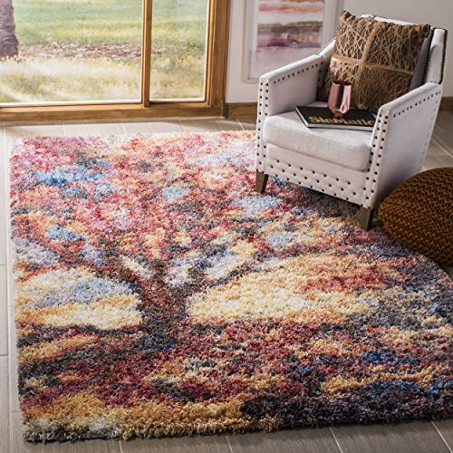 SAFAVIEH Gypsy Shag Collection 9' x 12' Rust / Blue GYP522C Abstract Non-Shedding Living Room Bedroom Dining Room Entryway Plush 2-inch Thick Area Rug