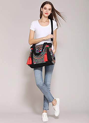 Embroidered Tassels Tote Shoulder Bag Casual Canvas Handbag Cross Body Bag