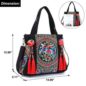 Embroidered Tassels Tote Shoulder Bag Casual Canvas Handbag Cross Body Bag