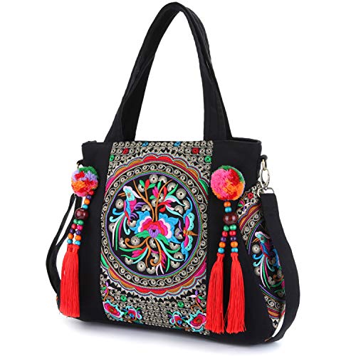 Embroidered Tassels Tote Shoulder Bag Casual Canvas Handbag Cross Body Bag