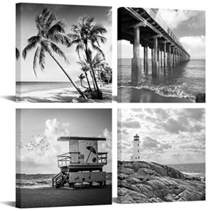 Biuteawal- 4 Piece Wall Art Back White Beach Picture Canvas Print Florida Coastline Lighthouse Lifeguard Tower Pier Poster Print Streched Framed Artwork Living Room Bedroom Bathroom Deco