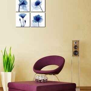 Pyradecor Blue Flickering Flower Modern Abstract Paintings Canvas Wall Art Gallery Wrapped Grace Floral Pictures on Canvas Prints 4 Panels Artwork for Living Room Bedroom Office Home Decorations