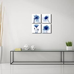 Pyradecor Blue Flickering Flower Modern Abstract Paintings Canvas Wall Art Gallery Wrapped Grace Floral Pictures on Canvas Prints 4 Panels Artwork for Living Room Bedroom Office Home Decorations