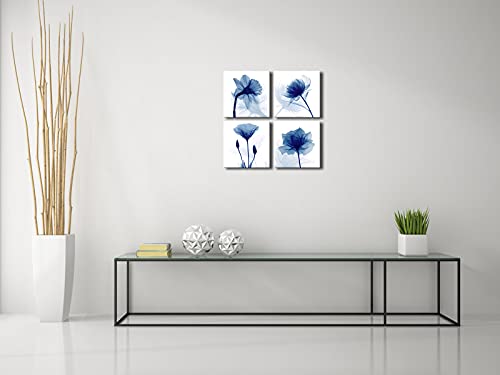 Pyradecor Blue Flickering Flower Modern Abstract Paintings Canvas Wall Art Gallery Wrapped Grace Floral Pictures on Canvas Prints 4 Panels Artwork for Living Room Bedroom Office Home Decorations