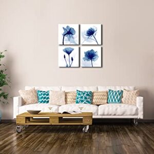 Pyradecor Blue Flickering Flower Modern Abstract Paintings Canvas Wall Art Gallery Wrapped Grace Floral Pictures on Canvas Prints 4 Panels Artwork for Living Room Bedroom Office Home Decorations