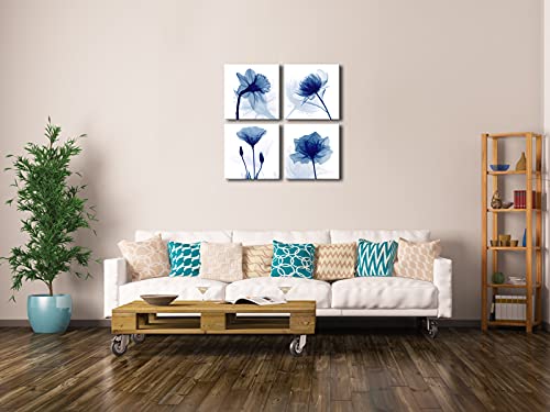 Pyradecor Blue Flickering Flower Modern Abstract Paintings Canvas Wall Art Gallery Wrapped Grace Floral Pictures on Canvas Prints 4 Panels Artwork for Living Room Bedroom Office Home Decorations