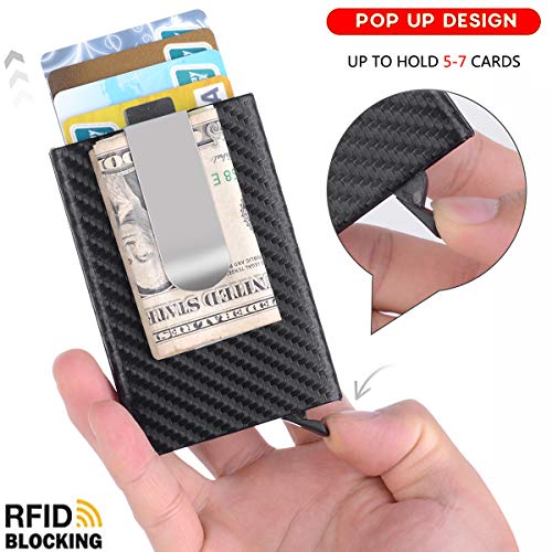 YWHBK Men Credit Card Holder, Metal Money Clip,Carbon Fiber Leather Slim Wallets for Men, Mens RFID Blocking Auto Pop up Front Pocket Small Card Case Wallet (black)