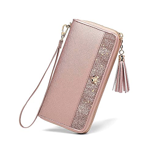 FOXER Women RFID Blocking Leather Wallet Bifold Wallet Clutch Wallet with Wristlet Card Holder (Rose Gold)