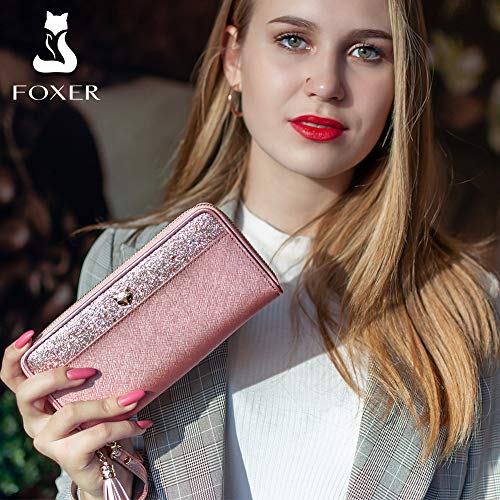 FOXER Women RFID Blocking Leather Wallet Bifold Wallet Clutch Wallet with Wristlet Card Holder (Rose Gold)