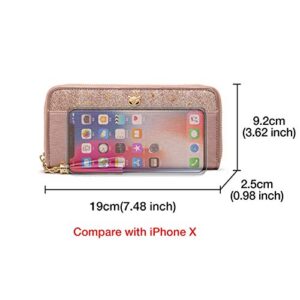 FOXER Women RFID Blocking Leather Wallet Bifold Wallet Clutch Wallet with Wristlet Card Holder (Rose Gold)