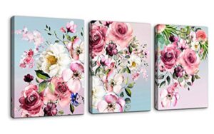flower canvas wall art for bedroom woman wall decor pink white flowers picture 3 piece framed artwork modern plant floral canvas prints for kitchen home bathroom girls room wall decoration 12″x16″