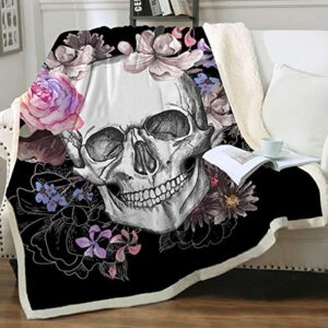sleepwish sugar skull blanket fleece skull throw blanket black pink skull flower rose blanket for women girl skull fuzzy sherpa plush blanket for bed couch sofa chair office (50″x 60″)