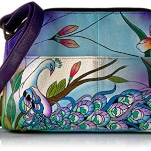 Anna by Anuschka Women's Genuine Leather Medium Multi-Compartment Crossbody | Hand Painted Original Artwork | Midnight Peacock