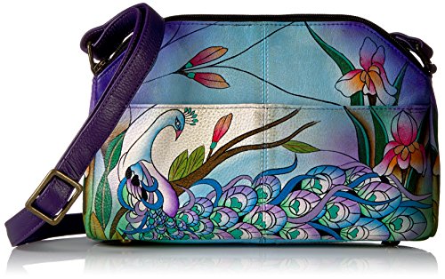 Anna by Anuschka Women's Genuine Leather Medium Multi-Compartment Crossbody | Hand Painted Original Artwork | Midnight Peacock