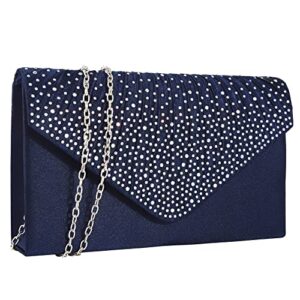 st. jubileens ladies large evening satin bridal diamante ladies clutch bag party prom envelope (navy)