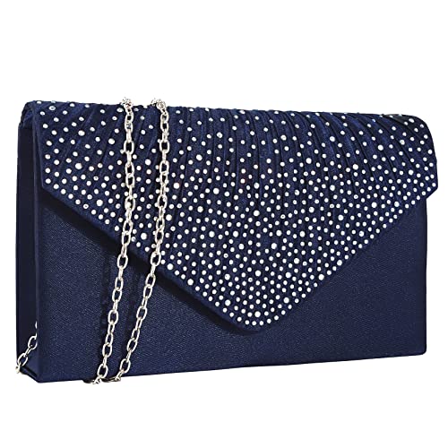 St. Jubileens Ladies Large Evening Satin Bridal Diamante Ladies Clutch Bag Party Prom Envelope (Navy)