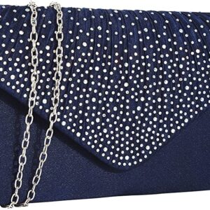 St. Jubileens Ladies Large Evening Satin Bridal Diamante Ladies Clutch Bag Party Prom Envelope (Navy)