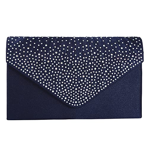 St. Jubileens Ladies Large Evening Satin Bridal Diamante Ladies Clutch Bag Party Prom Envelope (Navy)