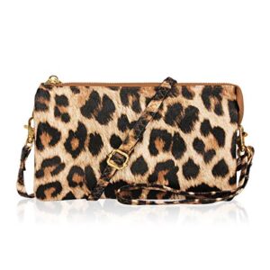 riah fashion convertible vegan leather wallet purse clutch – small handbag phone/card slots & detachable wristlet/crossbody (pebbled – leopard)