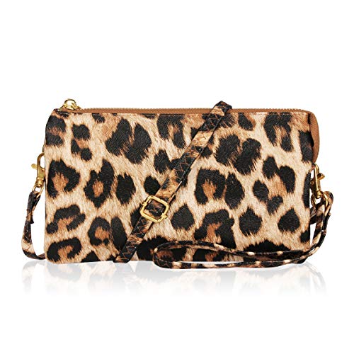 RIAH FASHION Convertible Vegan Leather Wallet Purse Clutch - Small Handbag Phone/Card Slots & Detachable Wristlet/Crossbody (Pebbled - Leopard)