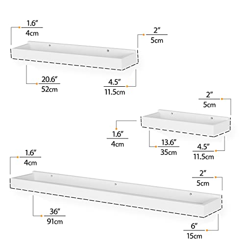 Wallniture Philly Floating Bookshelves for Kids Room Decor, Varying Sizes White Bookshelf Set of 3 for Living Room, Bathroom Storage Shelf